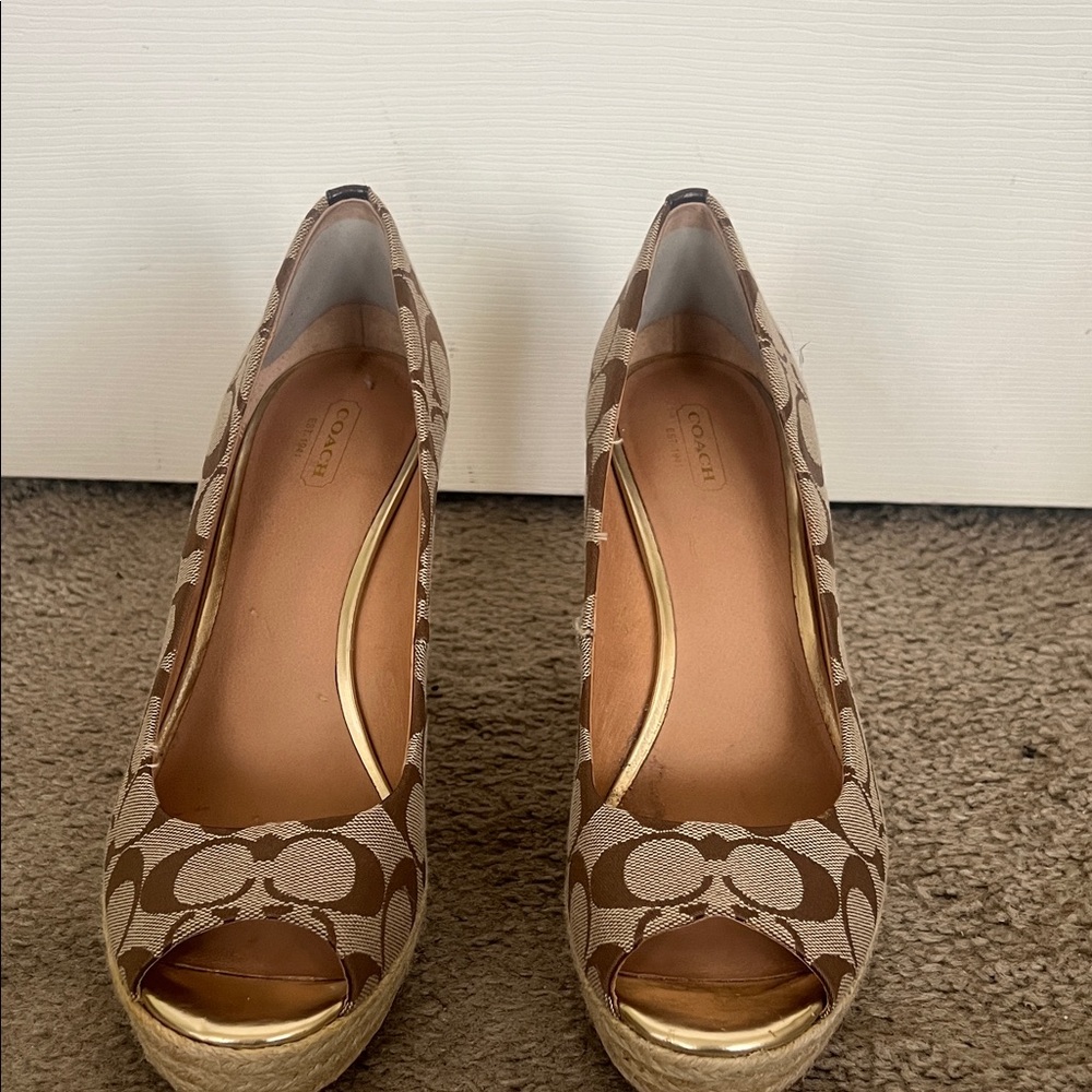 Coach Tan and Brown Espadrille Peep-Toe Wedges